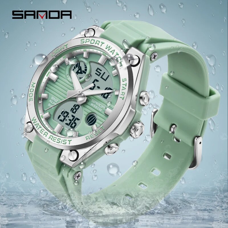Solar Powered Watch - 女性用デジタルLED腕時計,スポーツクロノグラフ,クォーツ,腕時計,防水,フェミニン,女の子,電子時計,50m,SANDA-Gスタイル