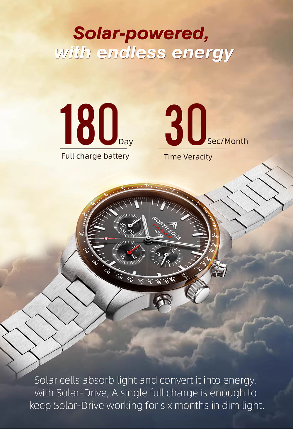 Solar Powered Watch - 新型2026ポインター ソーラー充電式クォーツ腕時計 防水仕様で精度と耐久性を実現